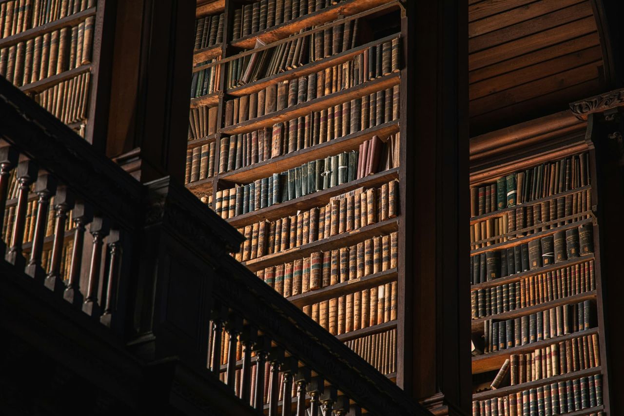 Tall wooden bookshelves in a library