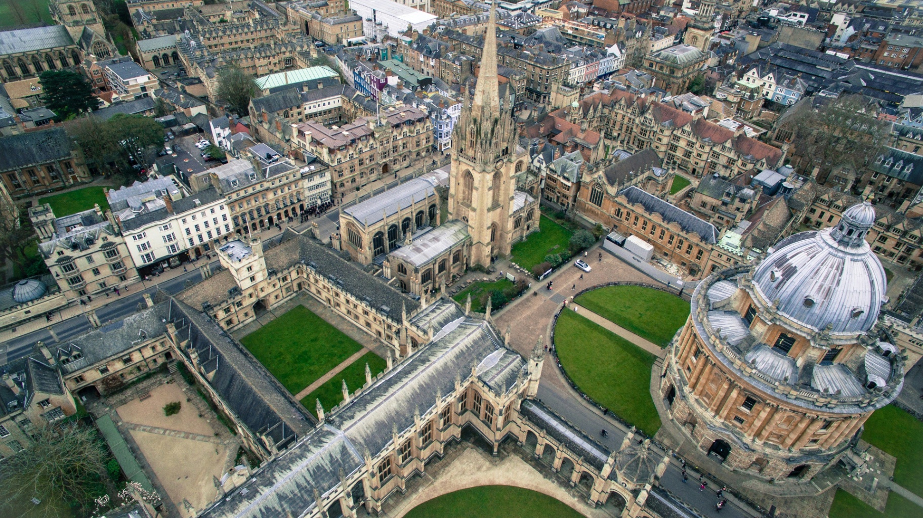 Aerial view of a historic UK university city.